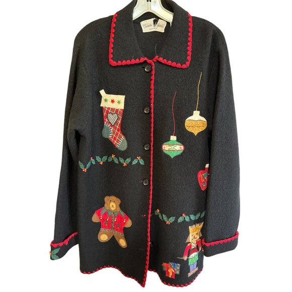 Vtg Sharon Young Black Wool Christmas Cardigan Santa Bear Button Down Hong Kong - Picture 11 of 15